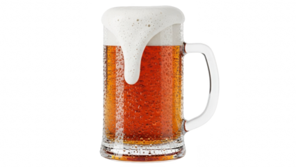 Tall glass mug filled with frothy amber beer and overflowing foam