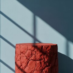 Terracotta pedestal display with abstract shadow overlay on turquoise backdrop