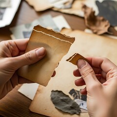 Tearing a Aged Photograph Fragments on a Wooden Table with Dried Leaves
