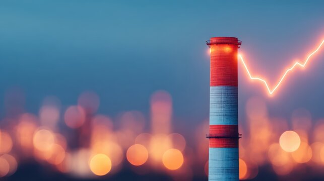 A smokestack stands against a blurred city backdrop, highlighted by a rising line graph, symbolizing energy or industrial growth.