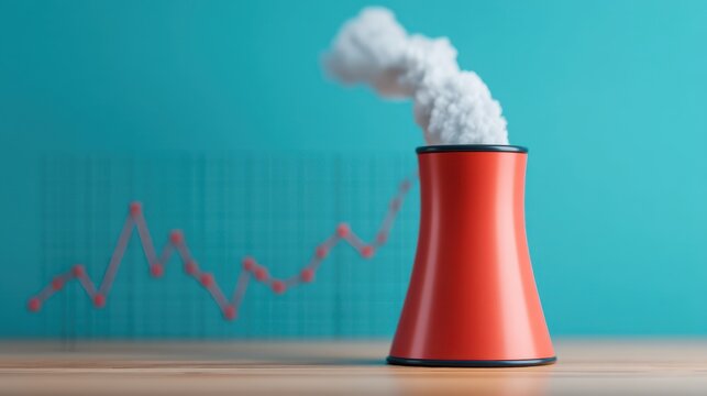 A stylized representation of a cooling tower emitting steam, with a background featuring a graph, symbolizing energy production and environmental impact.