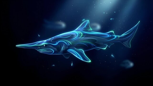 Glowing Blue Sawshark Swimming Underwater with Animated Light Effects and Particles