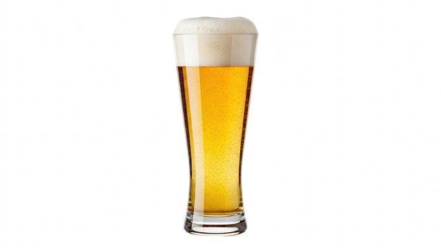 Tall glass of golden lager beer with frothy white head isolated on black