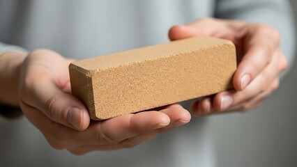 Textured block held carefully in hands, a study of color and shape