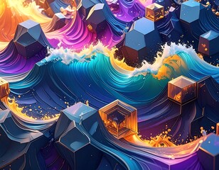 Abstract digital illustration with geometric shapes and colorful waves