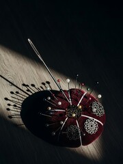 Velvet pincushion adorned with metallic motifs catching ray of light