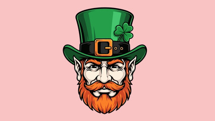 Vivid illustration of a classic leprechaun's head, sporting a bright green top hat with a lucky shamrock, capturing the festive spirit of St. Patrick's Day
