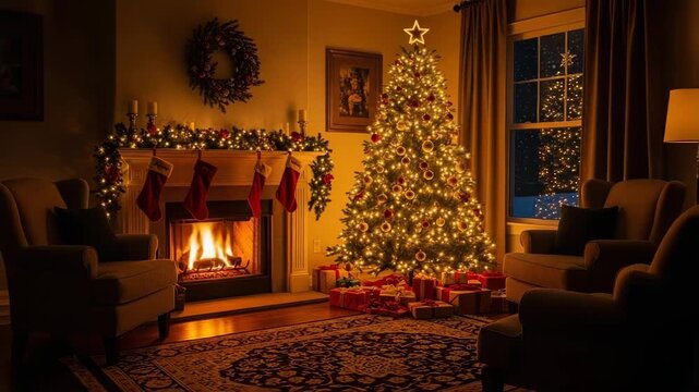 Cozy living room with Christmas tree and fireplace decorated for winter  