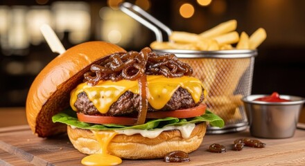 A delicious cheeseburger with fries and condiments.