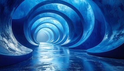 A futuristic tunnel with wavy, layered blue architectural design