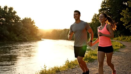 A happy, active couple holding hands while jogging on a scenic trail by the river during a beautiful, golden sunset, enjoying a healthy lifestyle