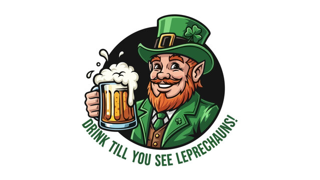 Leprechaun with a mug of beer, Drink till you see leprechauns! Celebrate St Patrick's day