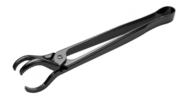 Black metal tool with curved handle and gripping jaws used for mechanical work isolated on transparent background