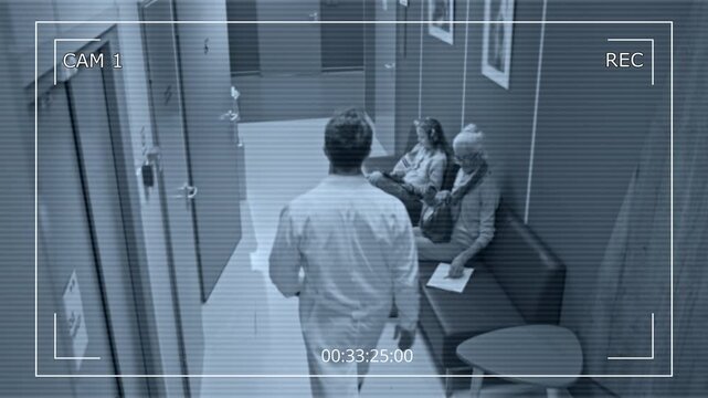 Wide angle shot of security camera footage in clinic hall with patients waiting sitting on couches and doctor walking past, copy space