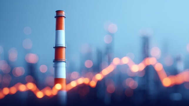 A tall industrial smokestack stands against a blurred cityscape, with a glowing graph line overlay, representing environmental impact and industrial growth.