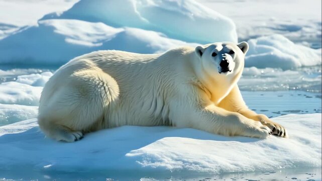 Resilient polar bear depiction, wildlife scene capturing polar bear amidst melting ice environment, peaceful arctic setting with endangered bear on retreating ice amid climate challenges