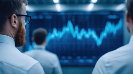 A group of professionals observes a digital financial graph, indicating trends and data analysis in a modern office environment.