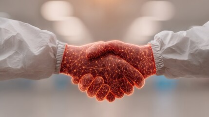 A digital illustration of two hands shaking, symbolizing partnership and collaboration with a glowing, interconnected design.