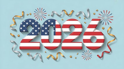 america usa new year's eve holiday celebration greeting card with text illustration - 3d year 2026 in american flag design, isolated on pastel blue header for web template created with generative ai
