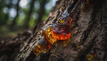 Close-up of golden amber resin oozing from a tree, capturing nature's artistry