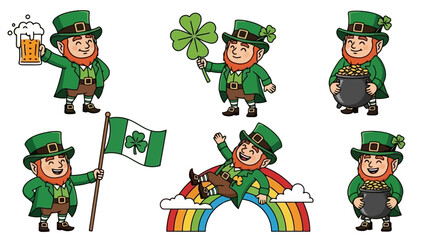 Set of Lucky Leprechauns with Irish Symbols, Rainbows, and Beer