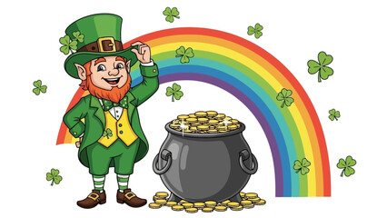Leprechaun with Pot of Gold at End of Rainbow - St patricks