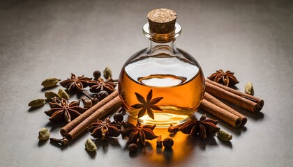 Aromatic Natural Spice Extract in Elegant Bottle Surrounded by Star Anise, Cinnamon, and Cardamom