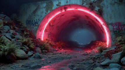 Neon Tunnel Entrance Illuminated in Abandoned Underpass