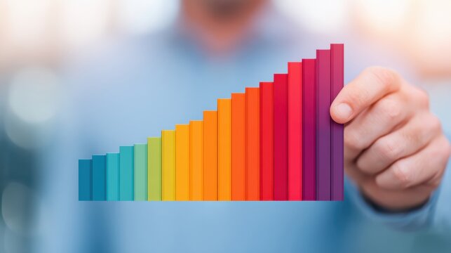 A person holds a colorful bar graph representing growth or progress, symbolizing success in business or analytics.