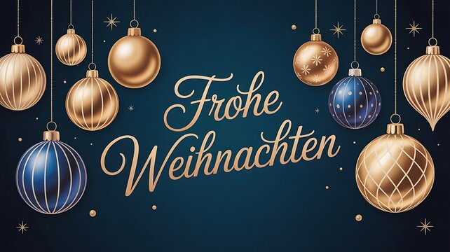 Frohe Weihnachten, festliche Gru&szlig;karte mit deutschem Text &ndash; H&auml;ngende goldene und blaue Christbaumkugeln auf dunklem blauem Hintergrund created with generative ai