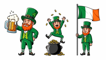 St. Patrick's Day Celebration Festive Leprechauns with Beer, Gold, and Irish Flag