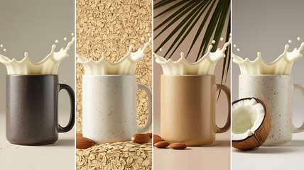 A collage of coffee cups pouring out almonds, milk, and oatmeal