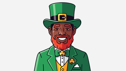 Cartoon illustration of a smiling black man with a green leprechaun hat, coat, and a red beard