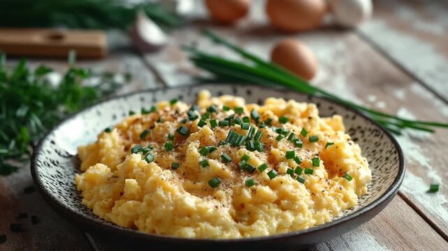 Creamy scrambled eggs garnished with chives on wood