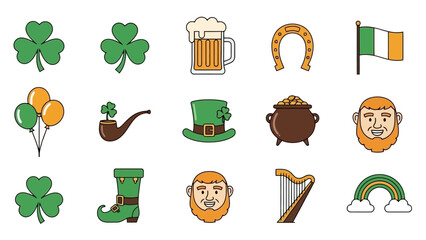 St. Patrick's Day icon collection for celebrations. Features Irish culture symbols shamrocks, leprechauns, gold, beer, flags, harps, and rainbows. Perfect for festive holiday designs