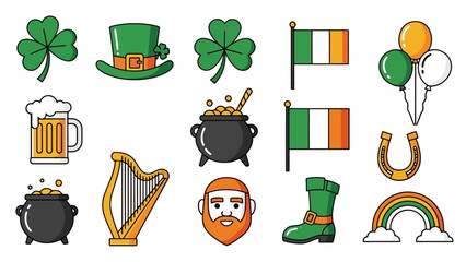 St. Patrick's Day vector icons. Features traditional Irish symbols shamrocks, leprechaun hats, pots of gold, flags, beer mugs, and harps for festive designs