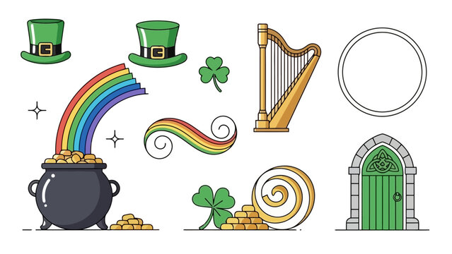 Charming Set of Irish-Inspired Elements for Festive Occasions Featuring Lucky Shamrocks, Pot of Gold, Leprechaun Hats, and Golden Harp Illustrations