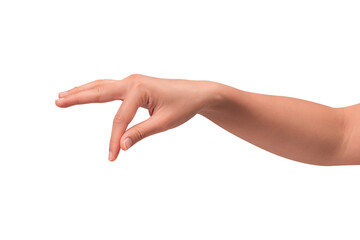 Close-up of a beautiful empty hand gesture isolated on a transparent PNG.
