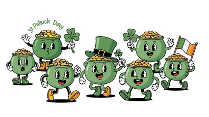 Obraz premium Joyful animated pot of gold characters with shamrocks and an Irish flag celebrating a lively cultural festival