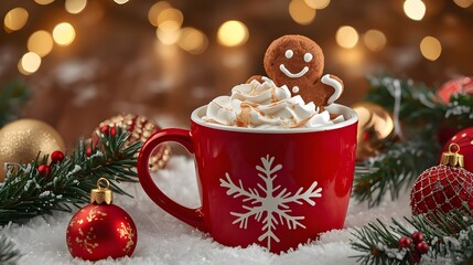 &ldquo;Red Christmas Mug Filled with Cream Surrounded by Sweet Holiday Ornaments and Cozy Lights&rdquo;