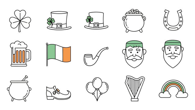 Saint Patrick's Day Icon Set Shamrock, Leprechaun, and Festive Symbols for Celebrations and Designs