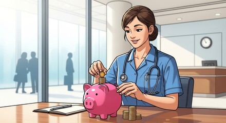 A nurse in a hospital setting, inserting coins into a piggy bank.