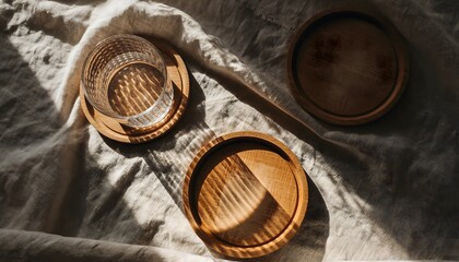 Natural sunlight creates warm shadows on a clear glass and wooden coasters on textured fabric
