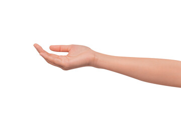 Close-up of a beautiful empty hand gesture isolated on a transparent PNG.
