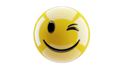 Glossy Yellow Smiley Face Emoji Winking with a Happy Smile Against a Black Background with Subtle Light Reflections