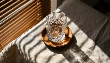 Refreshing Glass of Water on a Wooden Coaster with Sunlit Shadow Play