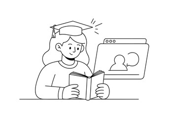 Student reading a book and attending an online class with a graduation cap illustration