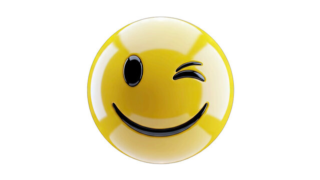 Glossy Yellow Smiley Face Emoji Winking with a Happy Smile Against a Black Background with Subtle Light Reflections - Powered by Adobe