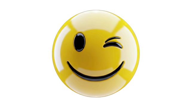 Glossy Yellow Smiley Face Emoji Winking with a Happy Smile Against a Black Background with Subtle Light Reflections