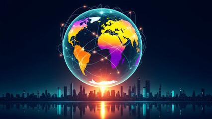Global connectivity and technology over cityscape with world map